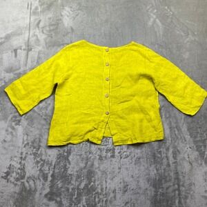 Bellina Bright Yellow Linen Button Back 3/4 Sleeve Top Italy‎ Size 4 Boho Preppy